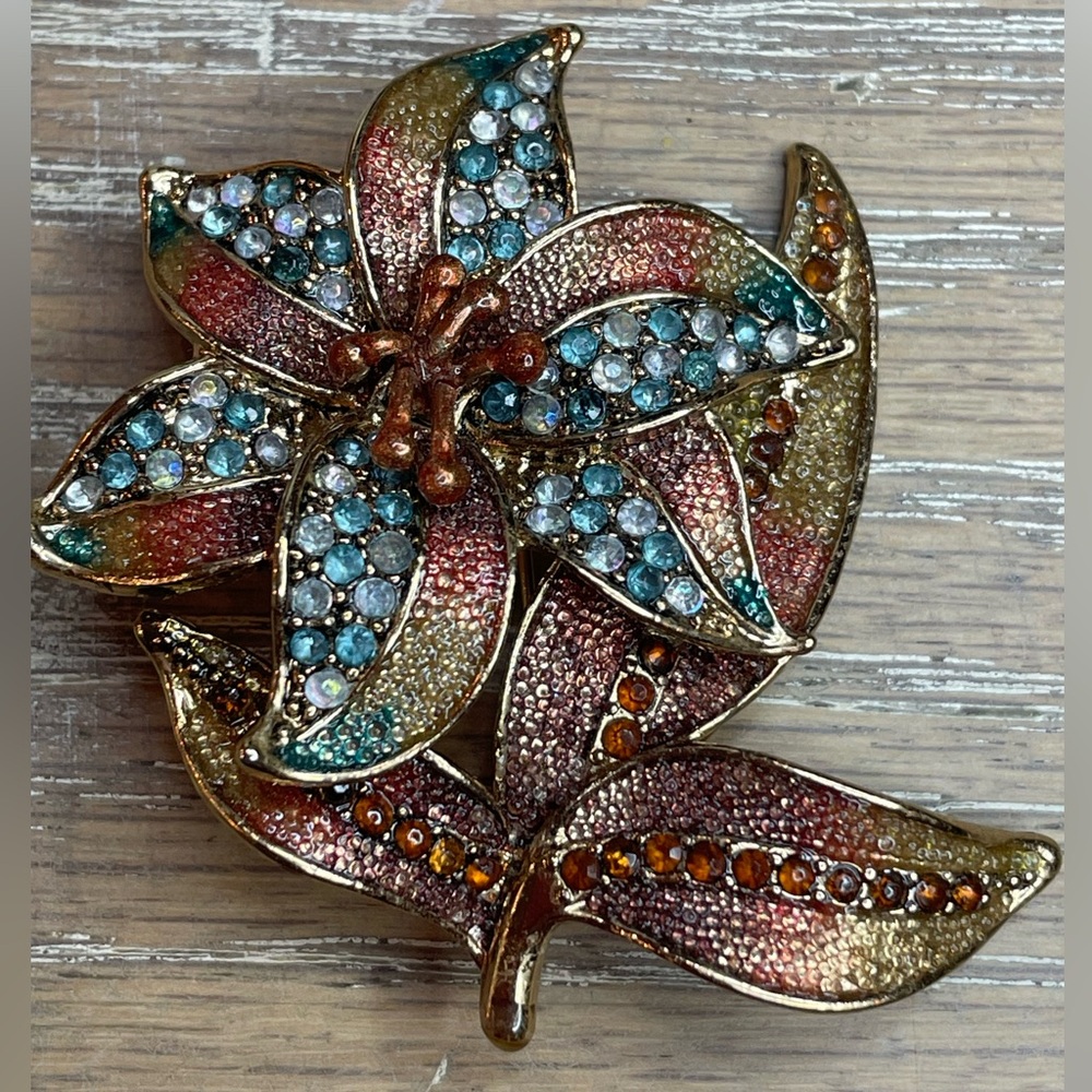Vintage Liz Claiborne Floral Gold Copper Rhinestone Brooch Pin